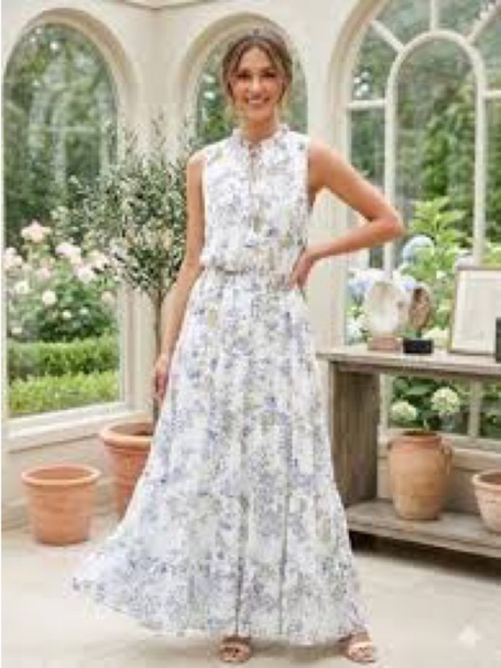 Sleeveless White Maxi Dress with Pale Blue Floral Print